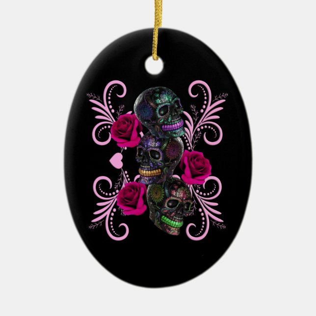 Triple Black Day of the dead Döskallar Rosa ros Julgransprydnad Keramik (Framsidan)