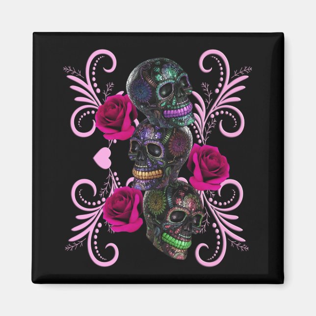 Triple Black Day of the dead Döskallar Rosa ros Magnet (Framsidan)