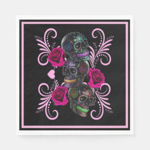 Triple Black Day of the dead Döskallar Rosa ros Pappersservett