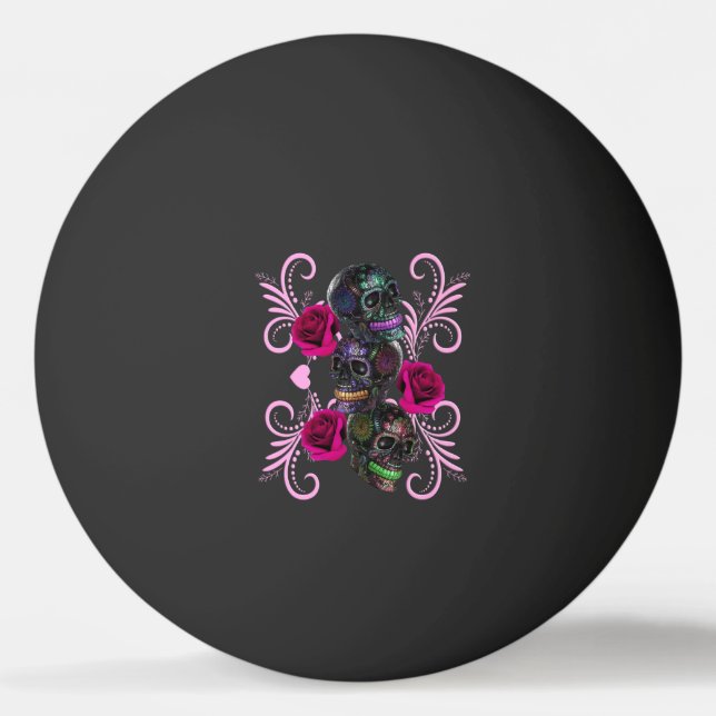 Triple Black Day of the dead Döskallar Rosa ros Pingisboll (Framsidan)