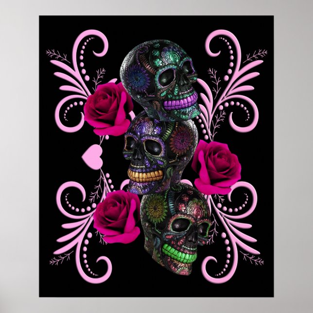 Triple Black Day of the dead Döskallar Rosa ros Poster (Framsidan)
