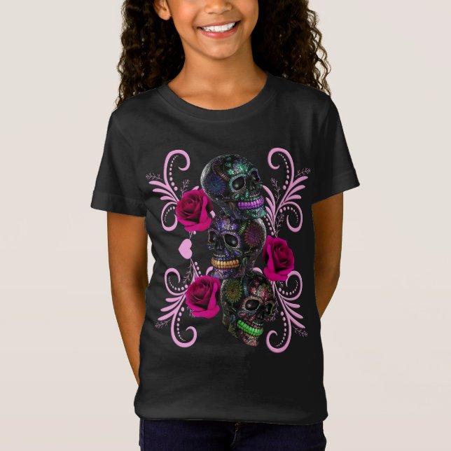 Triple Black Day of the dead Döskallar Rosa ros T Shirt (Framsida)