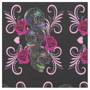 Triple Black Day of the dead Döskallar Rosa ros Tyg