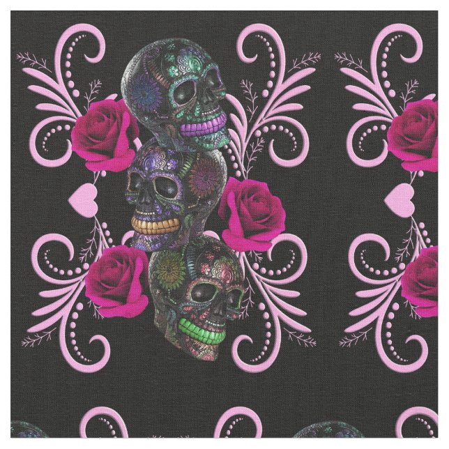 Triple Black Day of the dead Döskallar Rosa ros Tyg (Närbild)