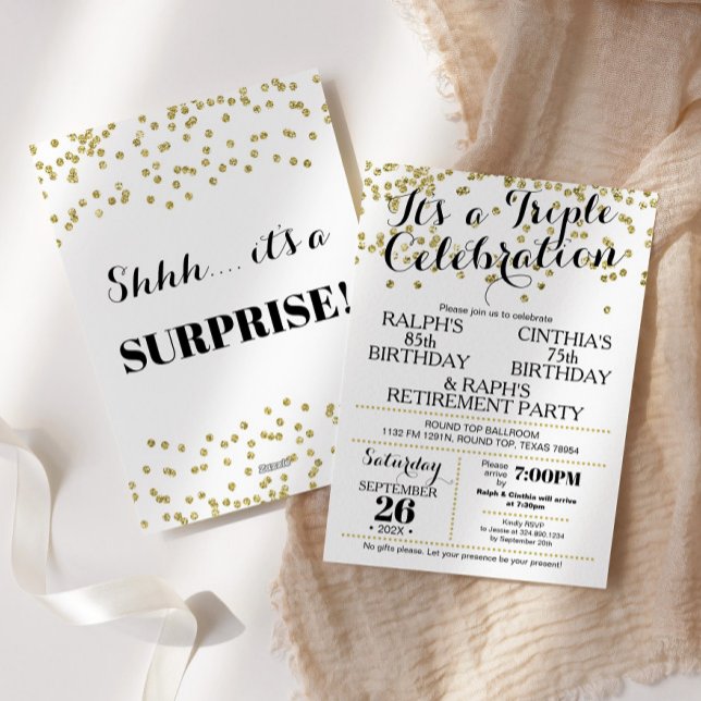 Triple Celebration Confetti Faux Gold Invitation Inbjudningar (Skapare uppladdad)