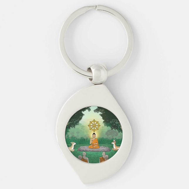 Triple Gems: Buddha, Dharma, Sangha Keychain Swirl Silverfärgad Nyckelring (Framsidan)
