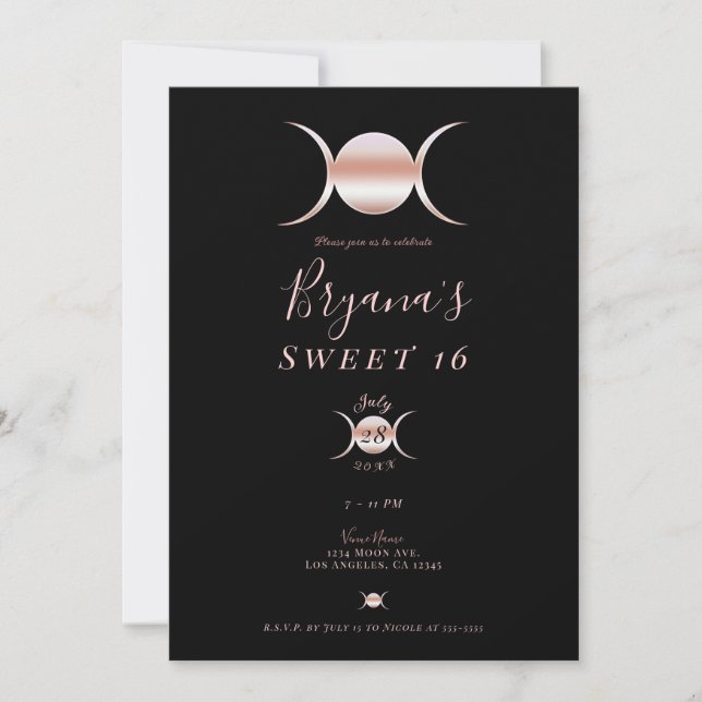 Triple Goddess Moon Cycle Rosa & Svart Sweet 16  Inbjudningar (Framsida)