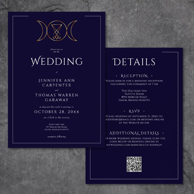 Triple Goddess Wiccan Måne Blue Bröllop Two Sided Inbjudningar (Triple Goddess Wiccan Moon Blue Wedding Two Sided Invitation)