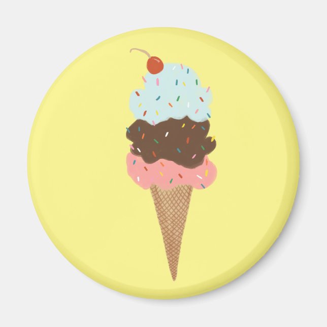 Triple Ice Cream med Rainbow Sprinkles på gult Magnet (Framsidan)