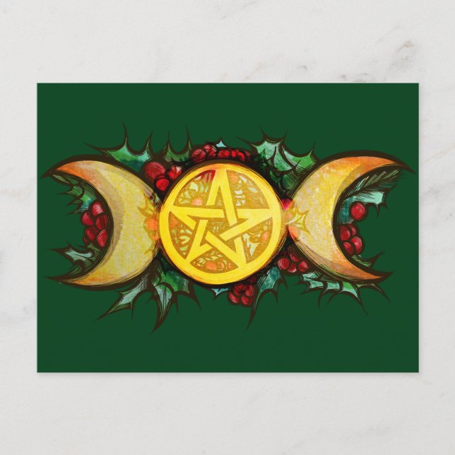 Triple Måne Holly Yule Art Helg Vykort (Framsida)