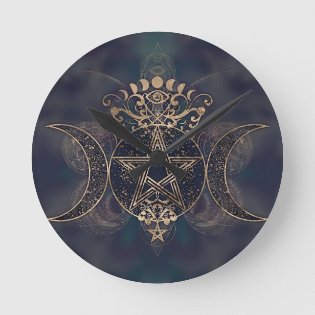 Triple Måne - Triple Goddess Guld och Lila Rund Klocka (Framsida)