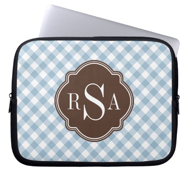 Triple Monogram Brown Blue Gingham Mönster Laptop Sleeve (Framsidan)