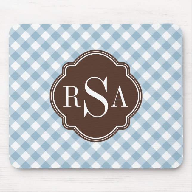 Triple Monogram Brown Blue Gingham Mönster Musmatta (Framsidan)