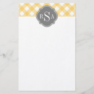 Triple Monogram Grått Gult Gingham Mönster Brevpapper