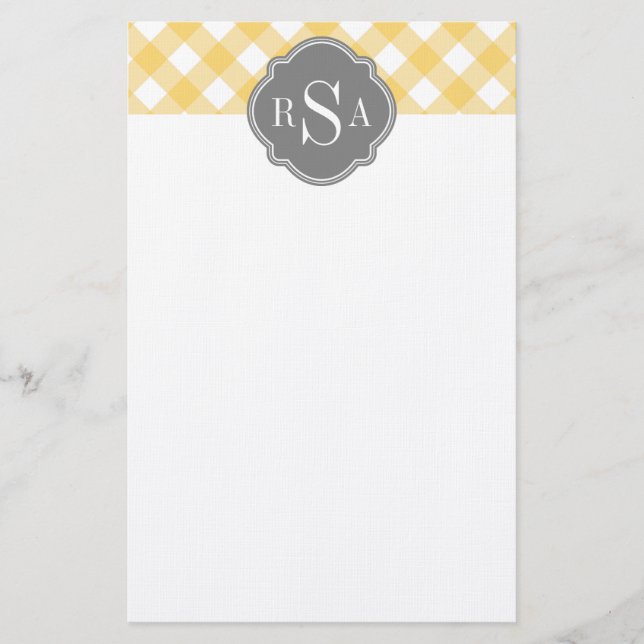 Triple Monogram Grått Gult Gingham Mönster Brevpapper (Framsida)