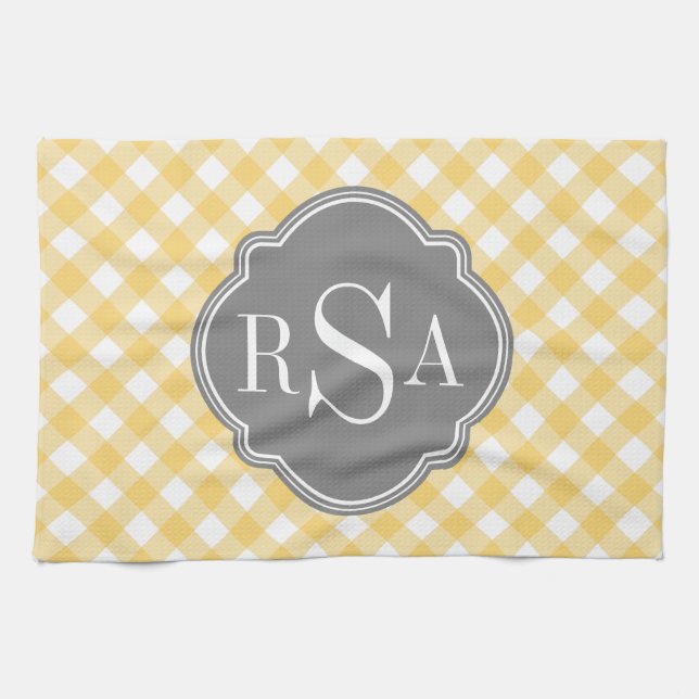 Triple Monogram Grått Gult Gingham Mönster Kökshandduk (Horisontell)