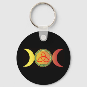 triple moon with green ouroboros and red triquetra nyckelring