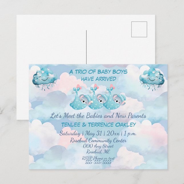 Triplet Baby Boys Blue Shower Invitation Postcard Vykort (Fram/baksida)
