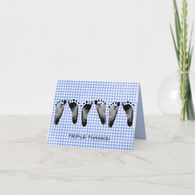 triplet baby fotavtryck på blå gingham tack kort (Framsida)