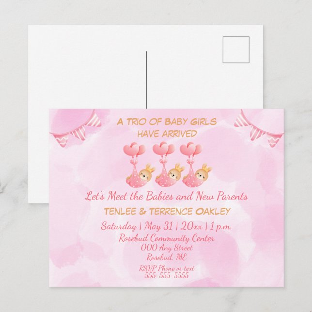 Triplet Baby Girls Pink Shower Invitation Postcard Vykort (Fram/baksida)