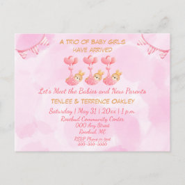 Triplet Baby Girls Pink Shower Invitation Postcard Vykort