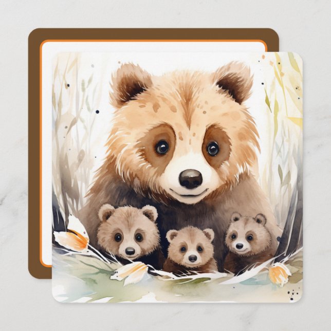 Triplet Baby Shower Mamma Bear and Unge Inbjudningar (Fram/baksida)