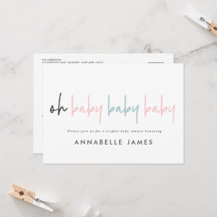 Triplet babydusch rosa Blue modern typografi Inbjudningar