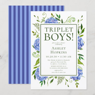 Triplet Boys Blå Hortensia Baby Shower Inbjudningar