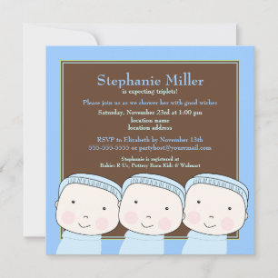 Triplet Boys Blue 3 Baby Shower Inbjudan