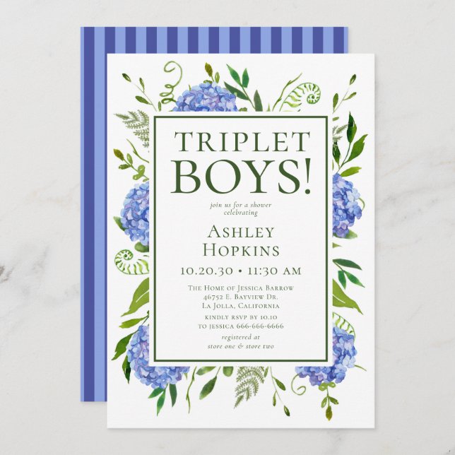Triplet Boys Blue Hydrangeas Baby Shower Inbjudningar (Fram/baksida)
