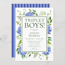Triplet Boys Blue Hydrangeas Baby Shower Inbjudningar