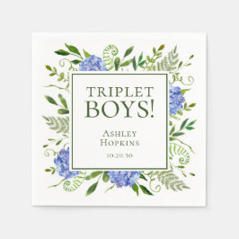 Triplet Boys Blue Hydrangeas Baby Shower Pappersservett