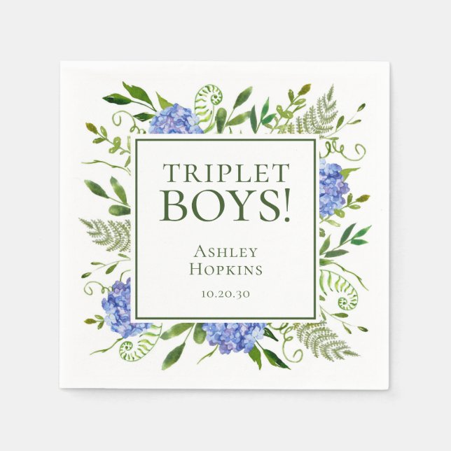 Triplet Boys Blue Hydrangeas Baby Shower Pappersservett (Framsidan)