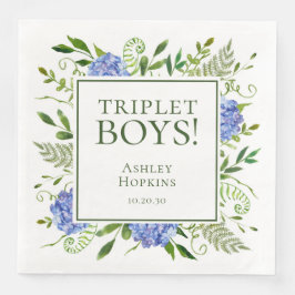 Triplet Boys Blue Hydrangeas Baby Shower Pappersservett