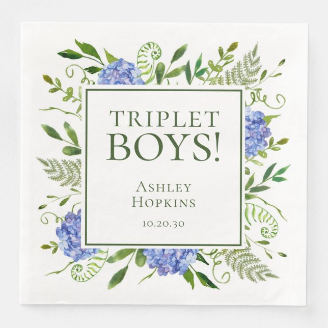 Triplet Boys Blue Hydrangeas Baby Shower Pappersservett (Framsida)