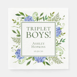 Triplet Boys Blue Hydrangeas Baby Shower Pappersservett