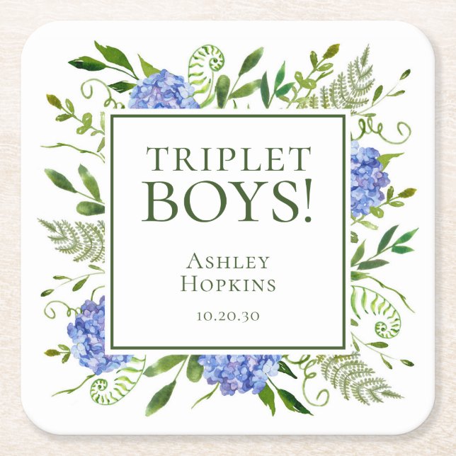 Triplet Boys Blue Hydrangeas Baby Shower Underlägg Papper Kvadrat (Framsidan)