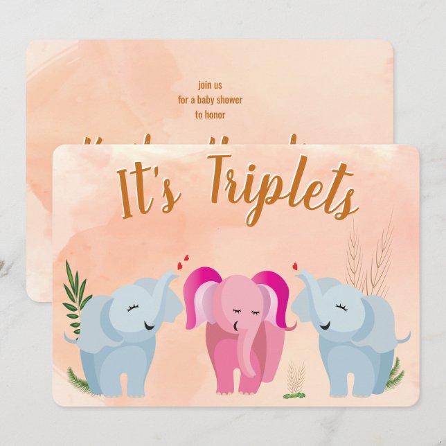 Triplet Elephant Baby Shower Inbjudningar (Fram/baksida)
