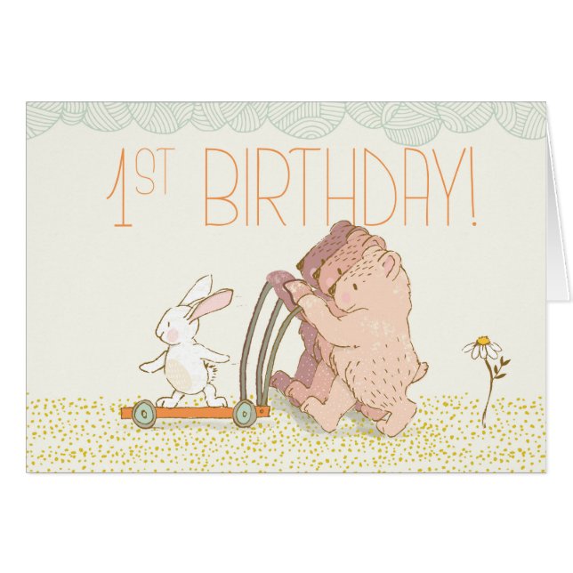 Triplet First Birthday Walking Bear och Rabbit Hälsningskort (Framsidan Horizontal)