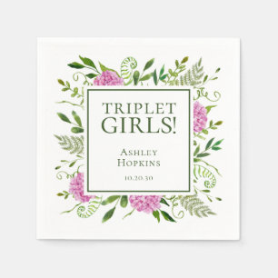 Triplet Flickor Rosa Hydrangeas Flickor Baby Showe Pappersservett