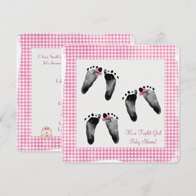 Triplet Girl Baby Shower med fotavtryck Inbjudningar (Fram/baksida)