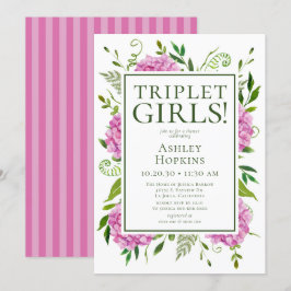 Triplet Girls Rosa Hydrangeas Baby Shower Inbjudningar