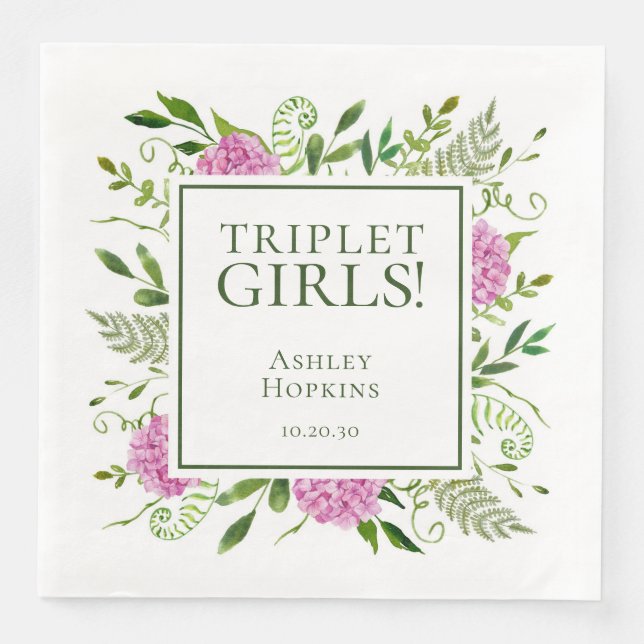 Triplet Girls Rosa Hydrangeas Girl Baby Shower Pappersservett (Framsida)