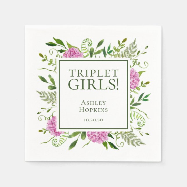 Triplet Girls Rosa Hydrangeas Girl Baby Shower Pappersservett (Framsidan)