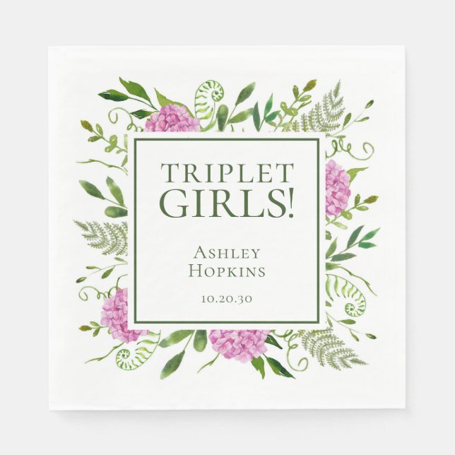 Triplet Girls Rosa Hydrangeas Girl Baby Shower Pappersservett (Framsidan)