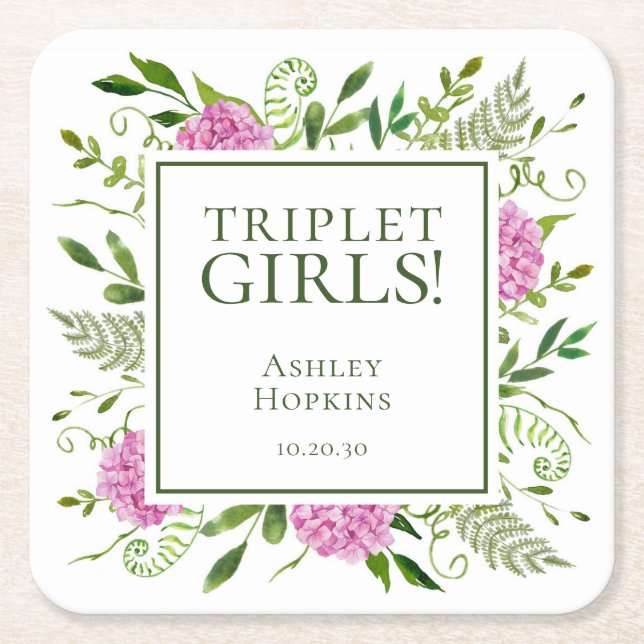 Triplet Girls Rosa Hydrangeas Girl Baby Shower Underlägg Papper Kvadrat (Framsidan)