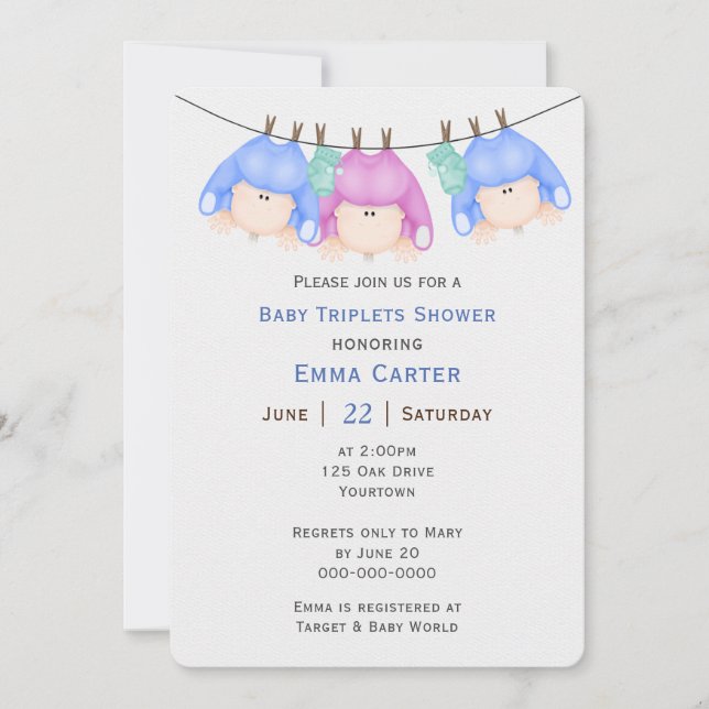 Triplet på Clothesline Baby Shower Inbjudningar (Framsida)