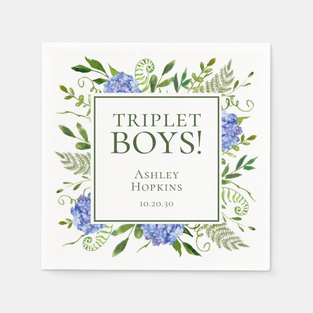Triplet Pojkar Blå Hortensia Barnkalas Pappersservett (Framsidan)