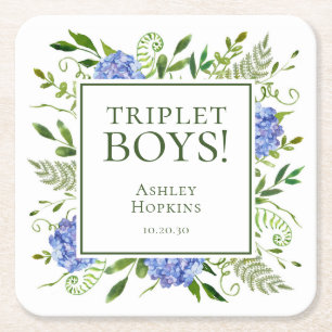 Triplet Pojkar Blå Hortensia Barnkalas Underlägg Papper Kvadrat