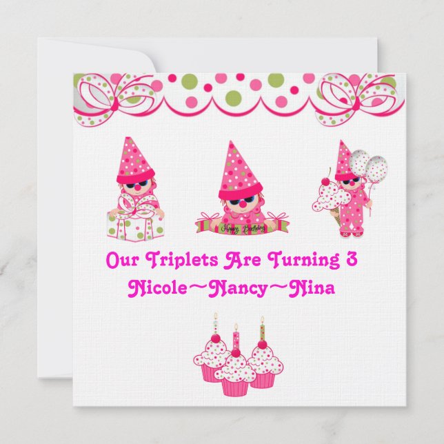 Triplets är roterande tre födelsedaginbjudan inbjudningar (Framsida)
